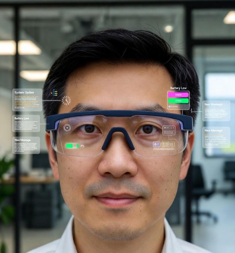 user wearing smart glasses with floating system alerts in a modern workspace